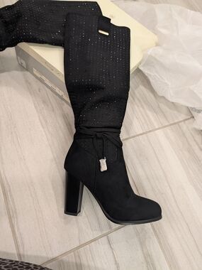 Nancy Li Black Knee-High Block Heel Inner Rise Boots with Crystals, Fur Lined